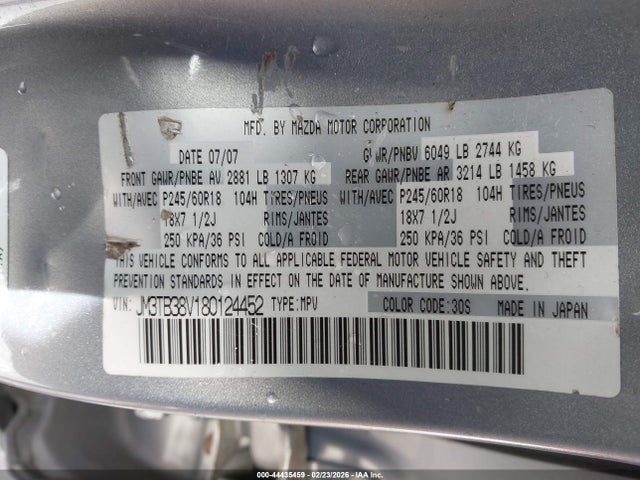2008 Mazda Cx-9 Touring მანქანა იყიდება აუქციონზე, vin: JM3TB38V180124452, აუქციონის ნომერი: 44435459