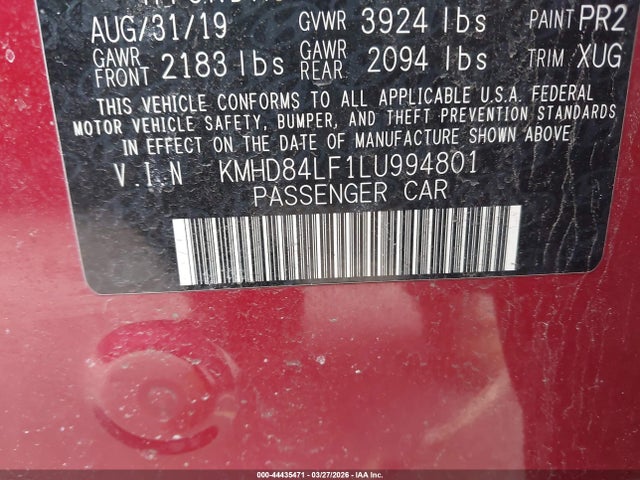 44435471 :رقم المزاد ، KMHD84LF1LU994801 vin ، 2020 Hyundai Elantra Value Edition مزاد بيع