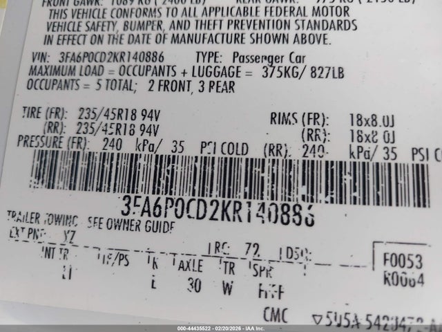 Ford FUSION SEL 2019 3FA6P0CD2KR140886 Image 9