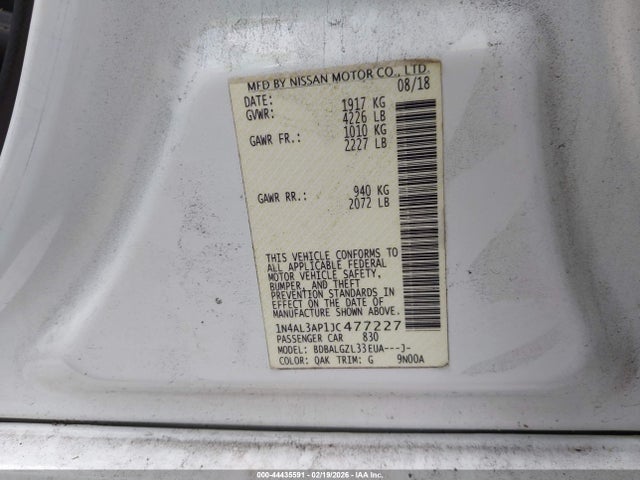 44435591 :رقم المزاد ، 1N4AL3AP1JC477227 vin ، 2018 Nissan Altima 2.5 S مزاد بيع