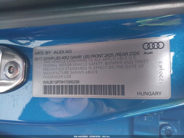 2017 Audi S3 2.0t Premium Plus მანქანა იყიდება აუქციონზე, vin: WAUB1GFF9H1066298, აუქციონის ნომერი: 44435598