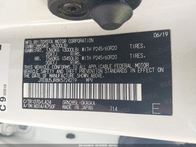 44435615 :رقم المزاد ، JTEBU5JR8K5724219 vin ، 2019 Toyota 4runner Limited مزاد بيع