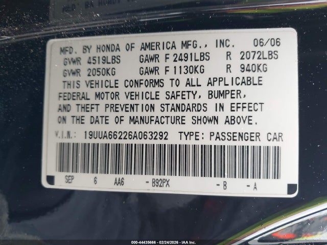 2006 Acura Tl მანქანა იყიდება აუქციონზე, vin: 19UUA66226A063292, აუქციონის ნომერი: 44435666