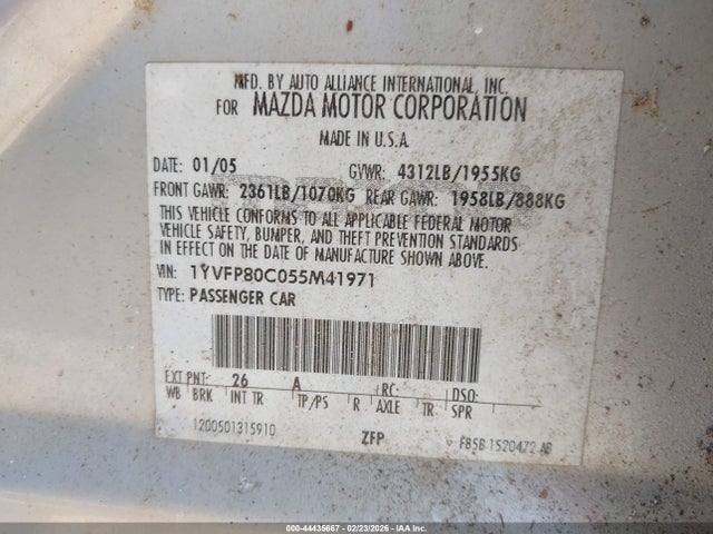 Продаж на аукціоні авто 2005 Mazda Mazda6 I Base, vin: 1YVFP80C055M41971, номер лоту: 44435667