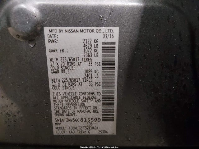 Продажа на аукционе авто 2016 Nissan Rogue Sv, vin: 5N1AT2MV5GC815599, номер лота: 44435692