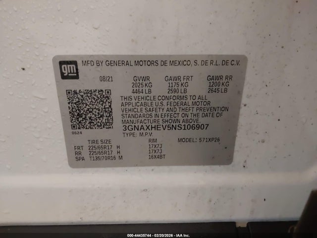 44435744 :رقم المزاد ، 3GNAXHEV5NS106907 vin ، 2022 Chevrolet Equinox Fwd Ls مزاد بيع