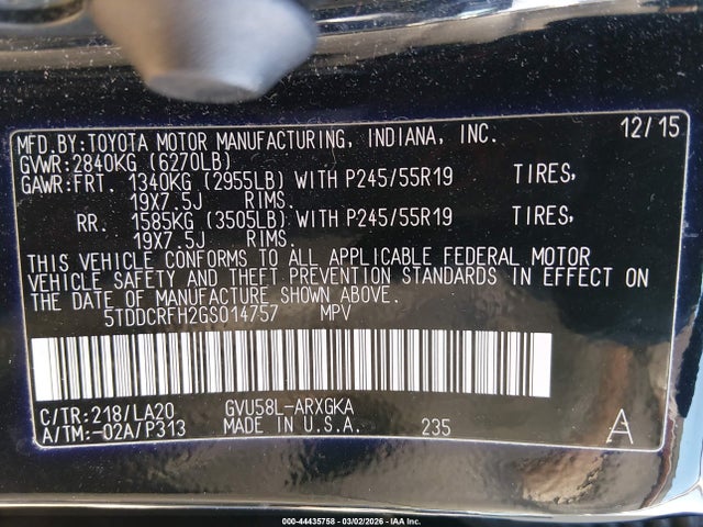 5TDDCRFH2GS014757 Toyota Highlander Hybrid Limited