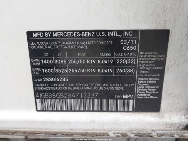 Продажа на аукционе авто 2011 Mercedes-benz Ml 350 4matic, vin: 4JGBB8GB2BA713337, номер лота: 44435829