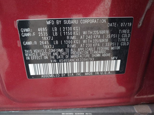 4S4BSANCXK3394793 Subaru Outback 2.5i Limited
