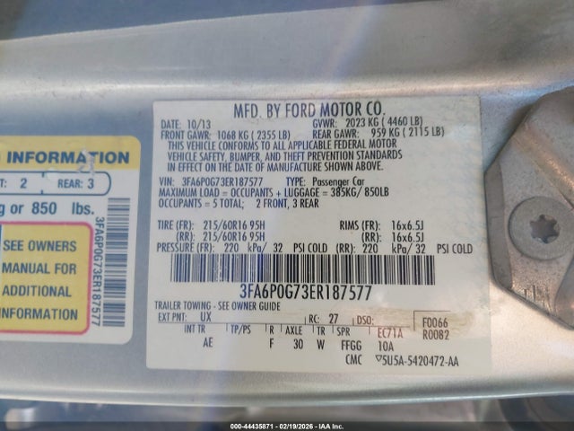Продажа на аукционе авто 2014 Ford Fusion S, vin: 3FA6P0G73ER187577, номер лота: 44435871