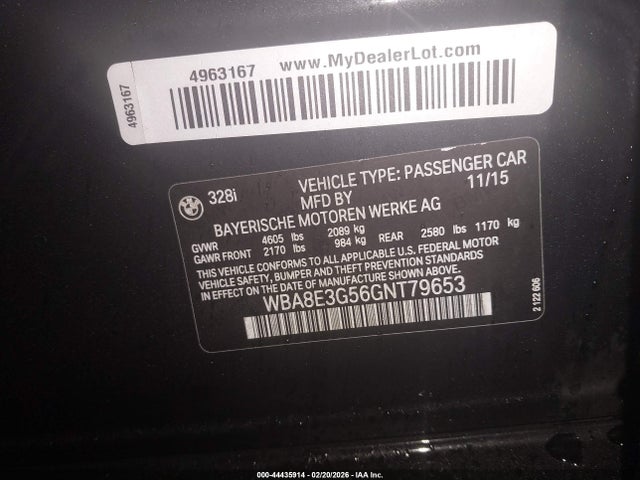 2016 Bmw 328i Xdrive მანქანა იყიდება აუქციონზე, vin: WBA8E3G56GNT79653, აუქციონის ნომერი: 44435914