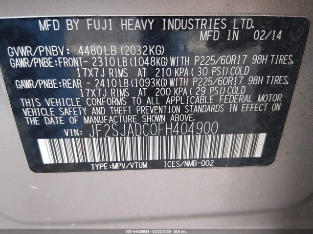 44435934 :رقم المزاد ، JF2SJADC0FH404900 vin ، 2015 Subaru Forester 2.5i Premium مزاد بيع