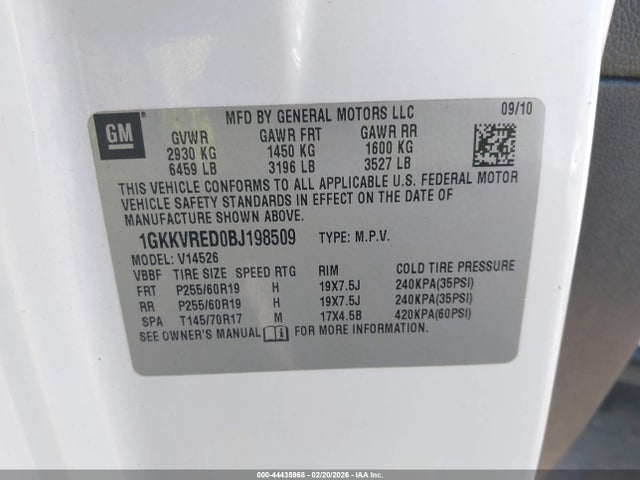 2011 Gmc Acadia Slt-1 მანქანა იყიდება აუქციონზე, vin: 1GKKVRED0BJ198509, აუქციონის ნომერი: 44435968