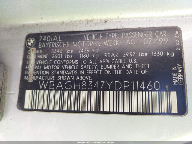2000 Bmw 740il მანქანა იყიდება აუქციონზე, vin: WBAGH8347YDP11460, აუქციონის ნომერი: 44436003