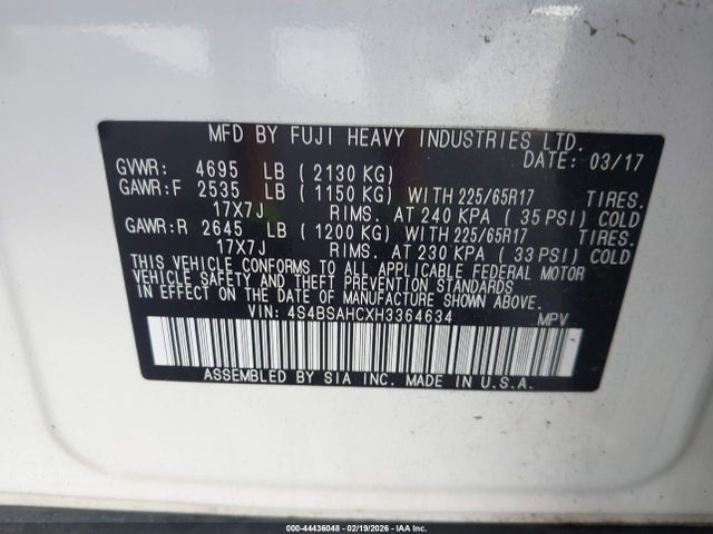 2017 Subaru Outback 2.5i Premium მანქანა იყიდება აუქციონზე, vin: 4S4BSAHCXH3364634, აუქციონის ნომერი: 44436048