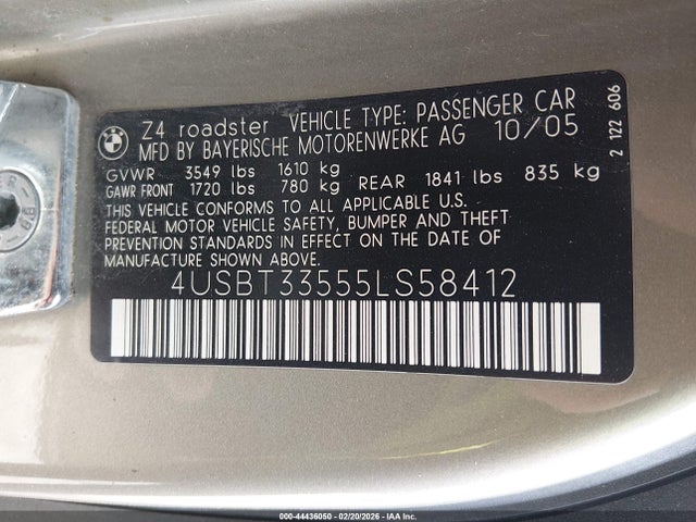 44436050 :رقم المزاد ، 4USBT33555LS58412 vin ، 2005 Bmw Z4 2.5i مزاد بيع