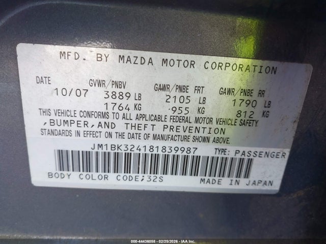 44436058 :رقم المزاد ، JM1BK324181839987 vin ، 2008 Mazda Mazda3 S Sport مزاد بيع