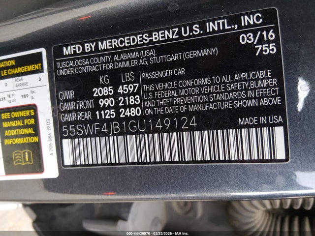 2016 Mercedes-benz C 300 მანქანა იყიდება აუქციონზე, vin: 55SWF4JB1GU149124, აუქციონის ნომერი: 44436076