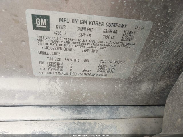 2015 Buick Encore Convenience მანქანა იყიდება აუქციონზე, vin: KL4CJBSB8FB100360, აუქციონის ნომერი: 44436078