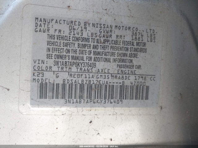 2019 Nissan Sentra S მანქანა იყიდება აუქციონზე, vin: 3N1AB7AP6KY376409, აუქციონის ნომერი: 44436102