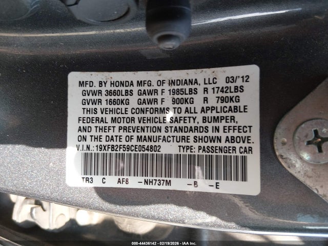 Aukcja sprzedaży 2012 Honda Civic Lx, vin: 19XFB2F59CE054802, numer aukcji: 44436142