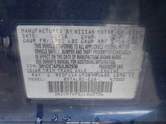 3N1CN7AP0JL862936 Nissan Versa 1.6 Sv