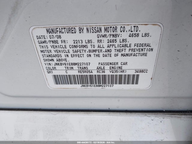 44436172 :رقم المزاد ، JNKBV61E88M227107 vin ، 2008 Infiniti G35 Journey مزاد بيع