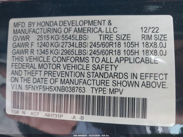 5FNYF5H5XNB038763 Honda Pilot 2wd Ex-l