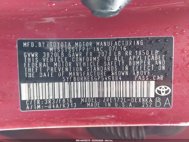 5YFBURHE6GP546884 Toyota Corolla Le Plus