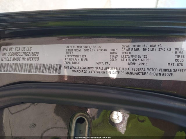 Aukcja sprzedaży 2024 Ram 2500 Tradesman  4x4 6'4 Box, vin: 3C6UR5CL7RG216020, numer aukcji: 44436276