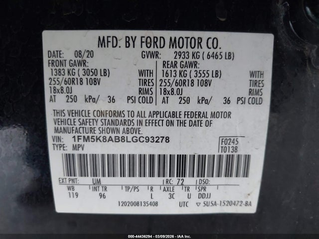 1FM5K8AB8LGC93278 Ford Police Interceptor Utility