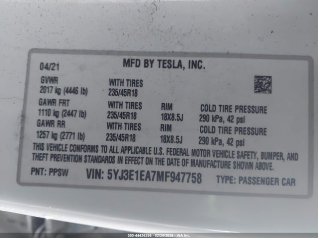 Aukcja sprzedaży 2021 Tesla Model 3 Standard Range Plus Rear-wheel Drive, vin: 5YJ3E1EA7MF947758, numer aukcji: 44436296