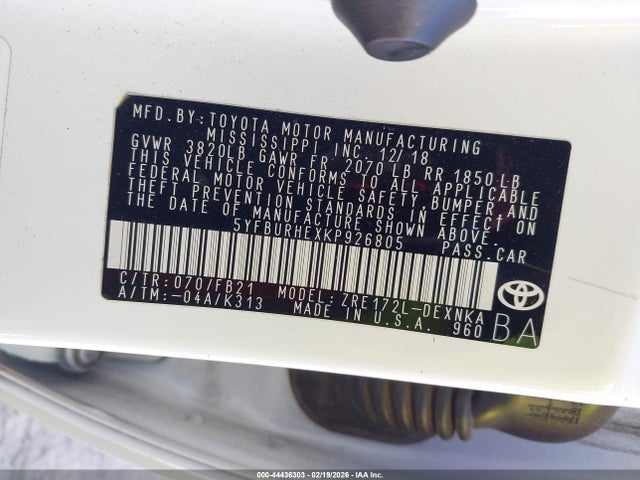 Aukcja sprzedaży 2019 Toyota Corolla Le, vin: 5YFBURHEXKP926805, numer aukcji: 44436303