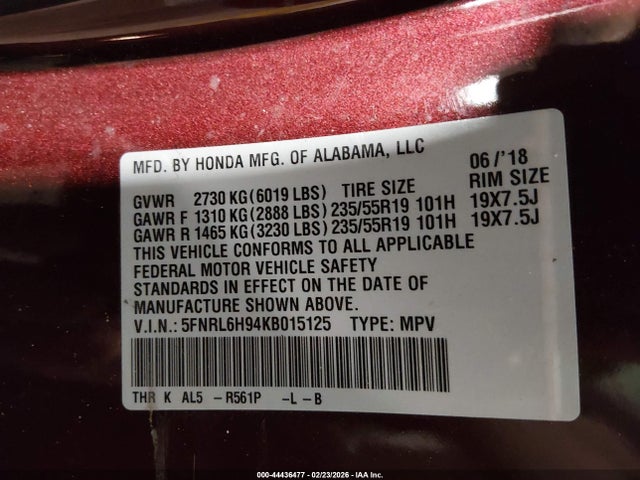 5FNRL6H94KB015125 Honda Odyssey Elite