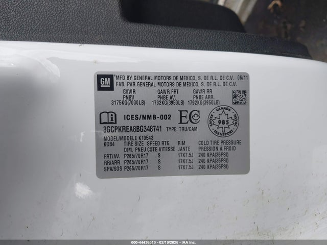 2011 Chevrolet Silverado 1500 Ls მანქანა იყიდება აუქციონზე, vin: 3GCPKREA8BG348741, აუქციონის ნომერი: 44436510