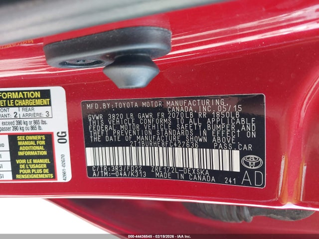44436545 :رقم المزاد ، 2T1BURHE8FC427636 vin ، 2015 Toyota Corolla S مزاد بيع