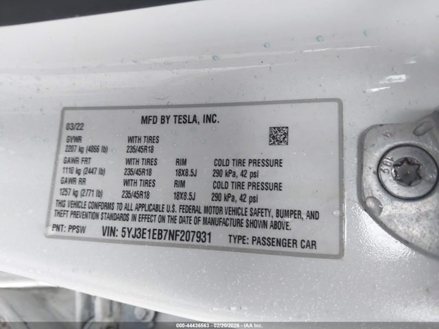 Aukcja sprzedaży 2022 Tesla Model 3 Long Range Dual Motor All-wheel Drive, vin: 5YJ3E1EB7NF207931, numer aukcji: 44436563