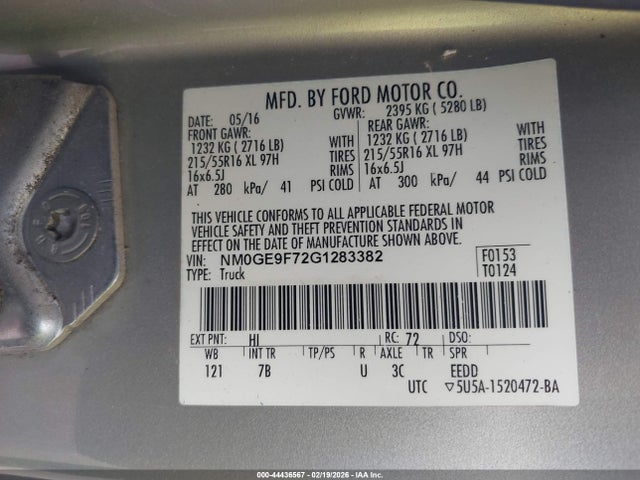 2016 Ford Transit Connect Xlt მანქანა იყიდება აუქციონზე, vin: NM0GE9F72G1283382, აუქციონის ნომერი: 44436567