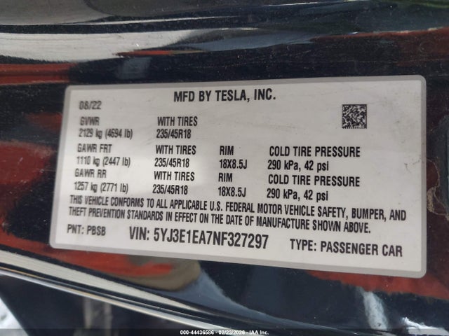 Продажа на аукционе авто 2022 Tesla Model 3 Rear-wheel Drive, vin: 5YJ3E1EA7NF327297, номер лота: 44436586