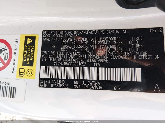 44436607 :رقم المزاد ، 2T2ZK1BA3CC084057 vin ، 2012 Lexus Rx 350 مزاد بيع