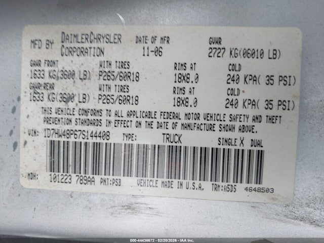 44436672 :رقم المزاد ، 1D7HW48P67S144408 vin ، 2007 Dodge Dakota Slt مزاد بيع