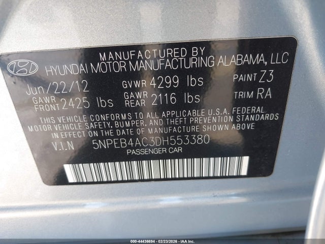 Продаж на аукціоні авто 2013 Hyundai Sonata Gls, vin: 5NPEB4AC3DH553380, номер лоту: 44436694