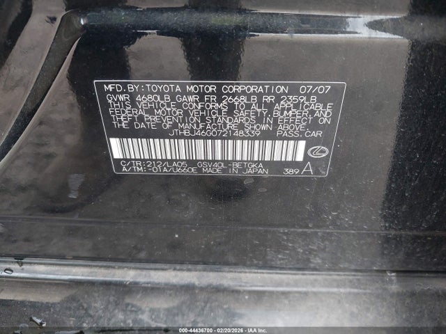 44436700 :رقم المزاد ، JTHBJ46G072148339 vin ، 2007 Lexus Es 350 مزاد بيع