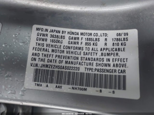 44436740 :رقم المزاد ، JHMZE2H50AS022220 vin ، 2010 Honda Insight Lx مزاد بيع