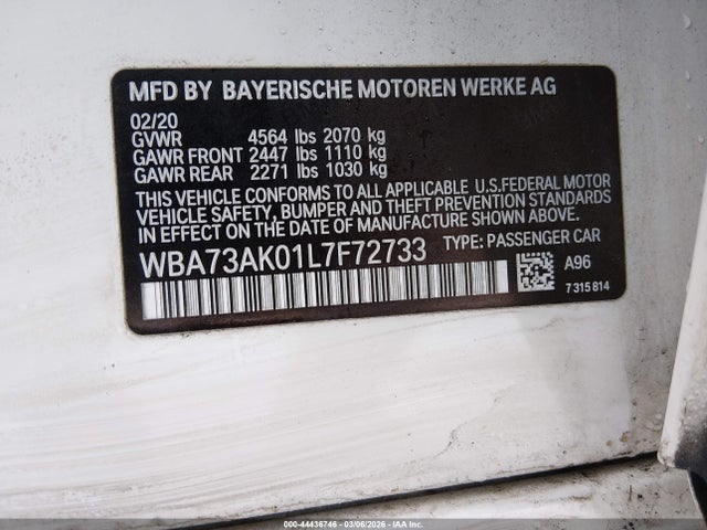 44436746 :رقم المزاد ، WBA73AK01L7F72733 vin ، 2020 Bmw 228i Gran Coupe Xdrive مزاد بيع