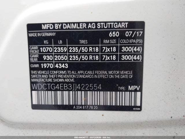 WDCTG4EB3JJ422554 Mercedes-Benz GLA 250