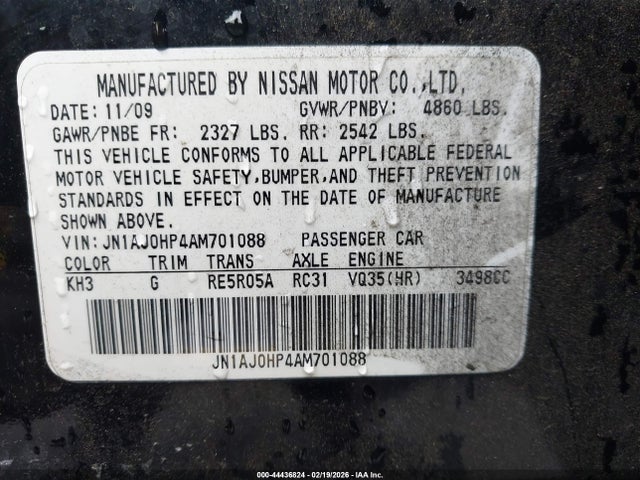 44436824 :رقم المزاد ، JN1AJ0HP4AM701088 vin ، 2010 Infiniti Ex35 Journey مزاد بيع