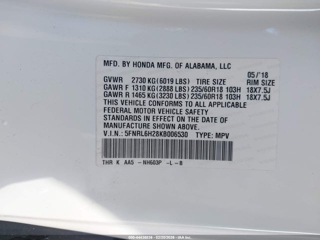 5FNRL6H28KB006530 Honda ODYSSEY LX