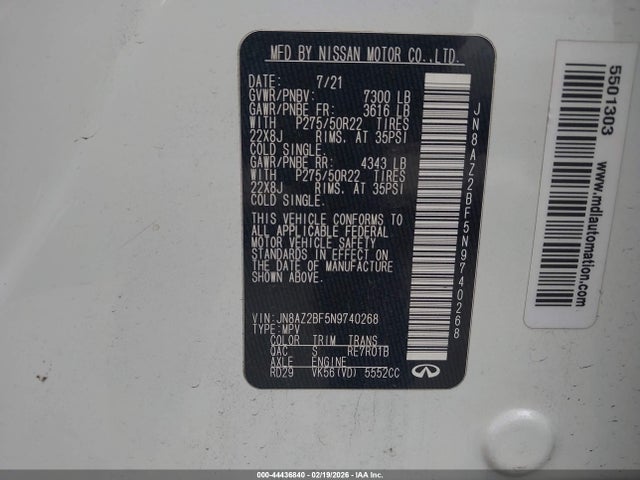 44436840 :رقم المزاد ، JN8AZ2BF5N9740268 vin ، 2022 Infiniti Qx80 Sensory مزاد بيع