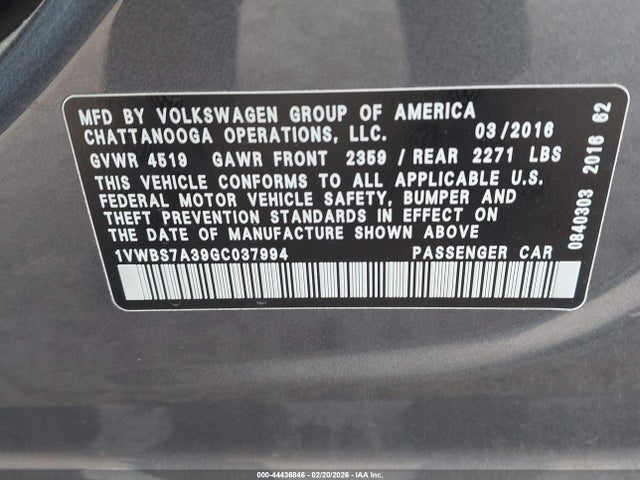 Продаж на аукціоні авто 2016 Volkswagen Passat 1.8t Se, vin: 1VWBS7A39GC037994, номер лоту: 44436846